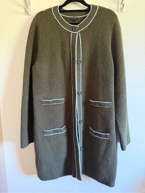 Talbots Long Textured Cardigan Sweater Large Olive Blue Trim Button Front Coat